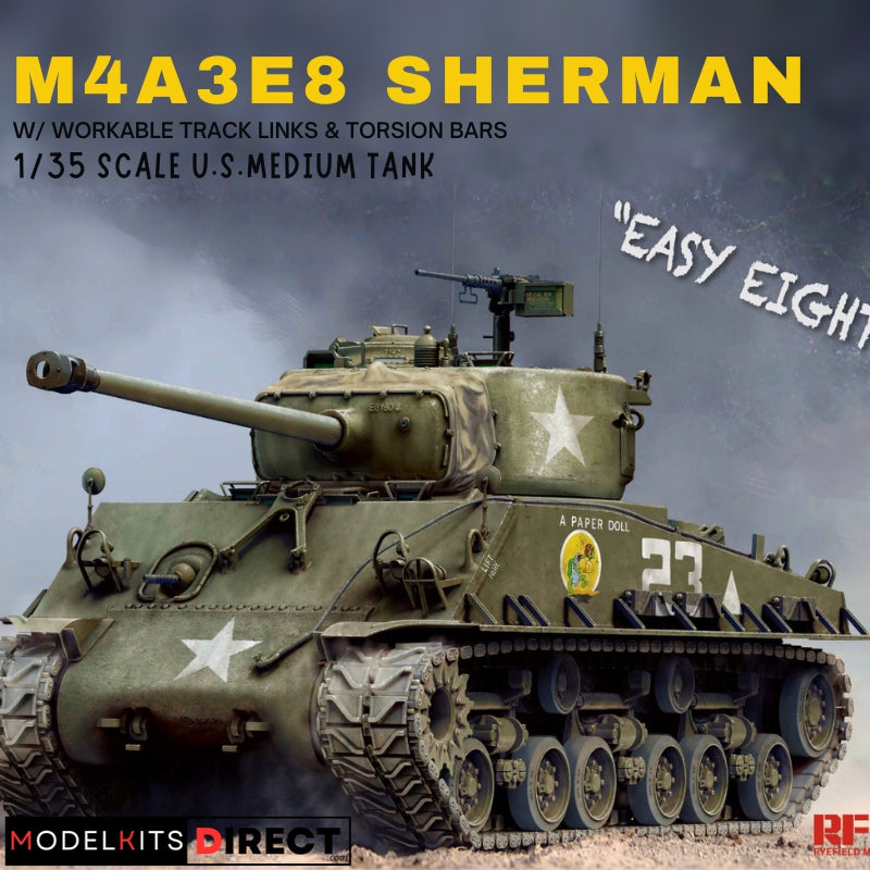 Rye Field Model RM-5028 1/35 M4A3E8 Sherman mit funktionsfähigen Ketten und Drehstabfedern